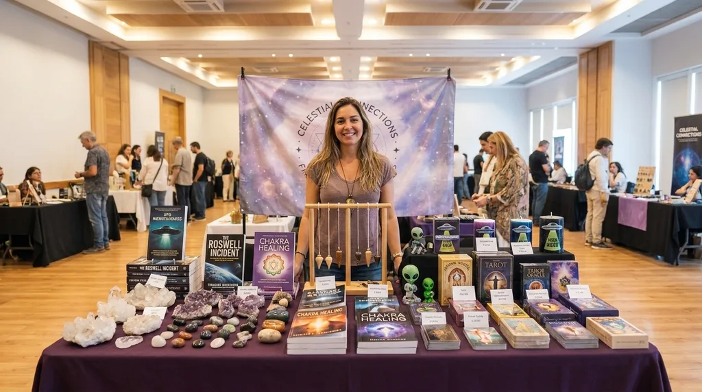 Mesa de expositor con cuarzos, libros y productos en el World UFO Fest